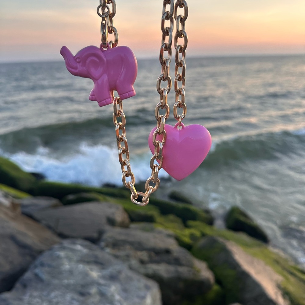 Pink puffy heart necklace and puffy elephant . love chain jewelry holiday gifts